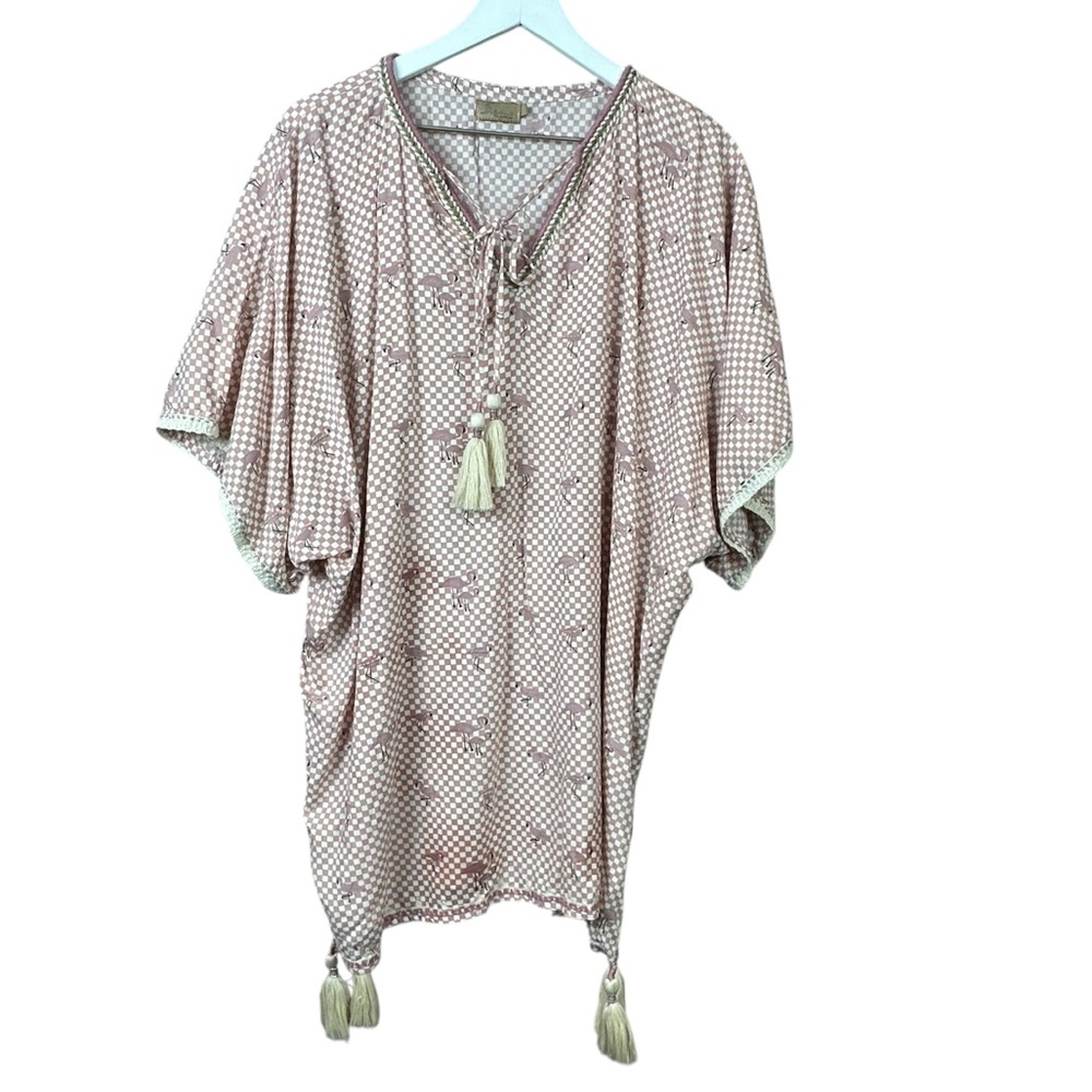 Skemo Luxury Boho Flamingo Print Kaftan Cover Up Mini Dress Women Sz M